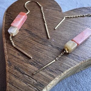 Stone Threader Earrings Rose Quartz and Amber stones on 14k gold dipped chain